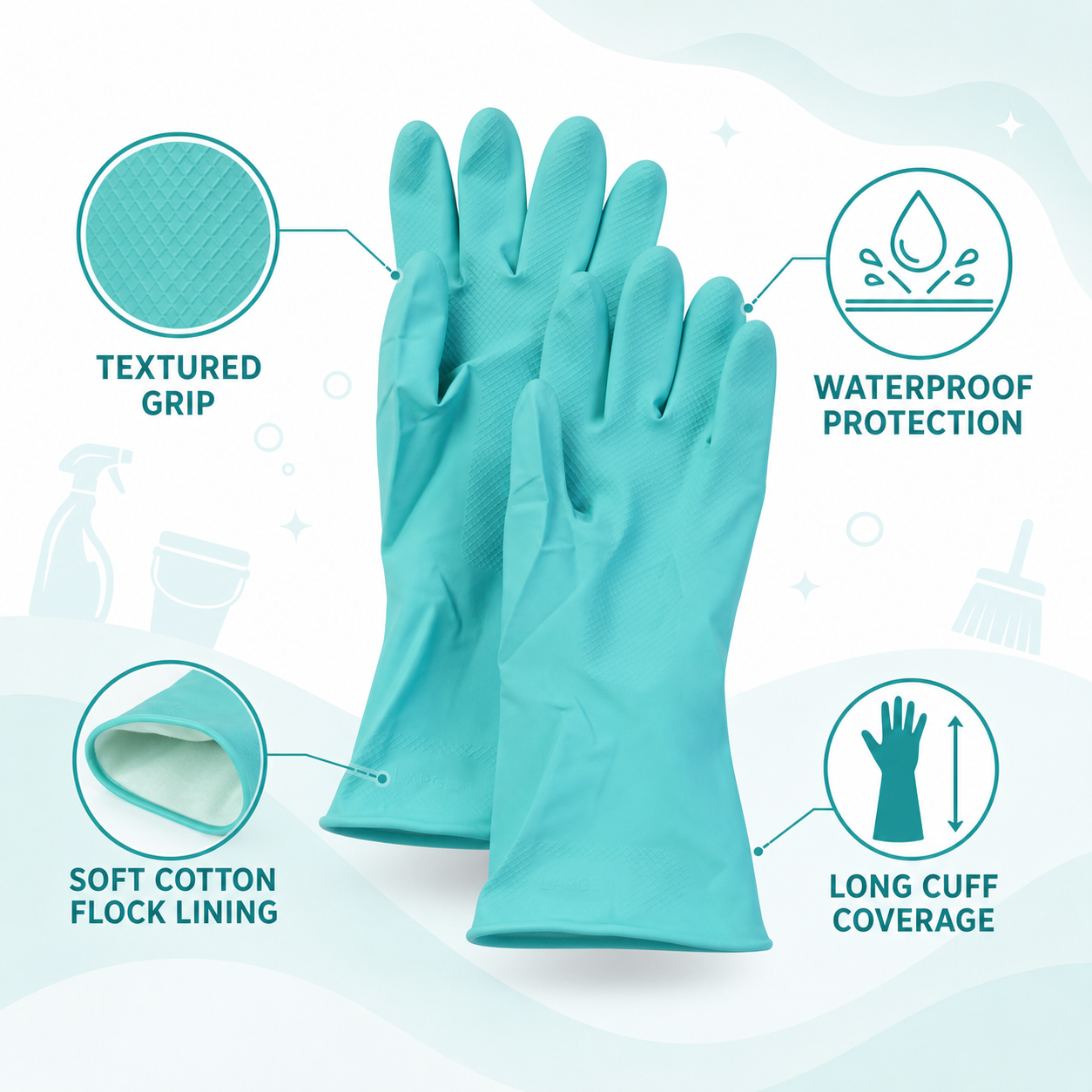 Large Victor Green Rubber Gloves Reusable & Waterproof for Kitchen - Front View
