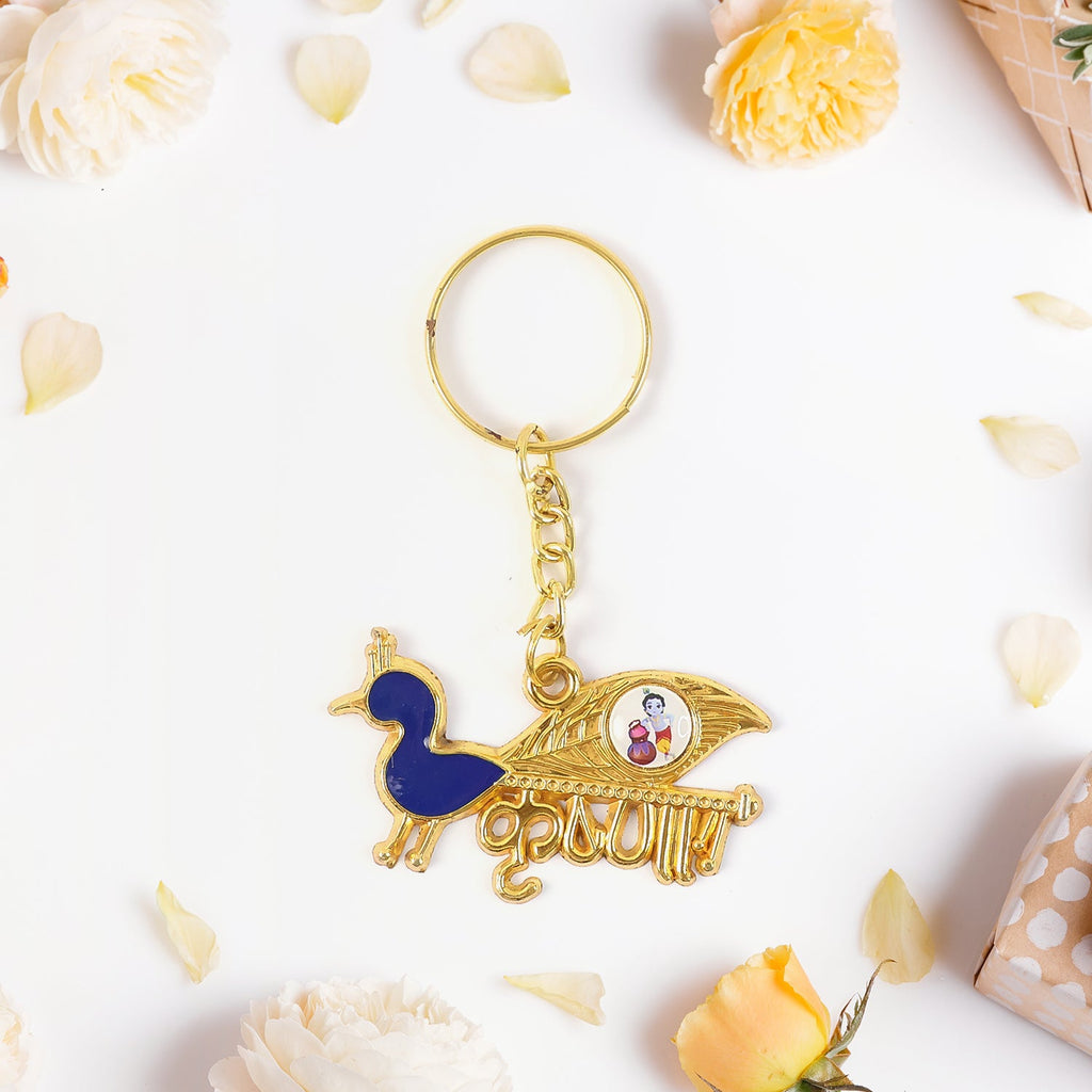 ALVENZA Krishna Peacock Metal Keychain – Elegant Gold-Tone Spiritual Gift