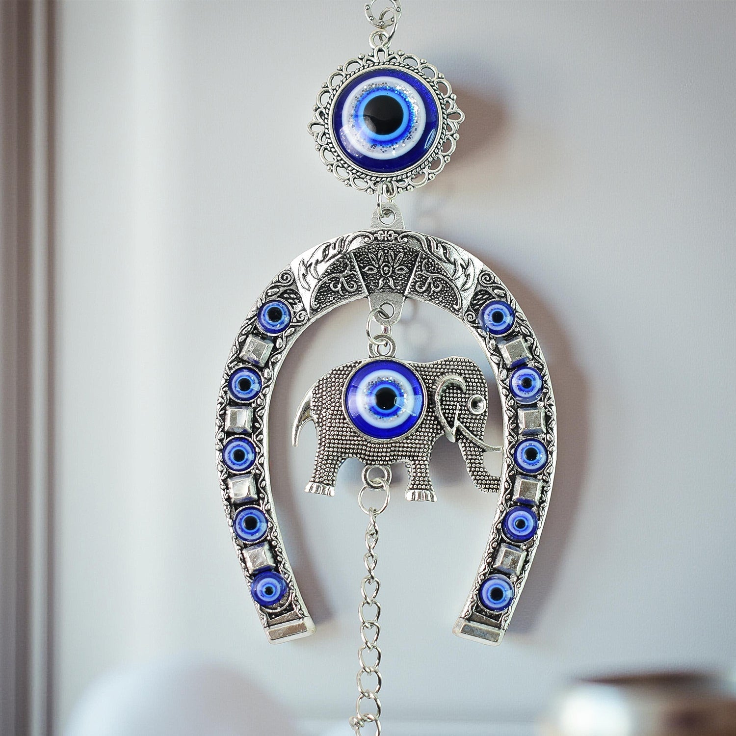 ALVENZA Evil Eye Hanging with Elephant & Horseshoe – Protective Wind Chime