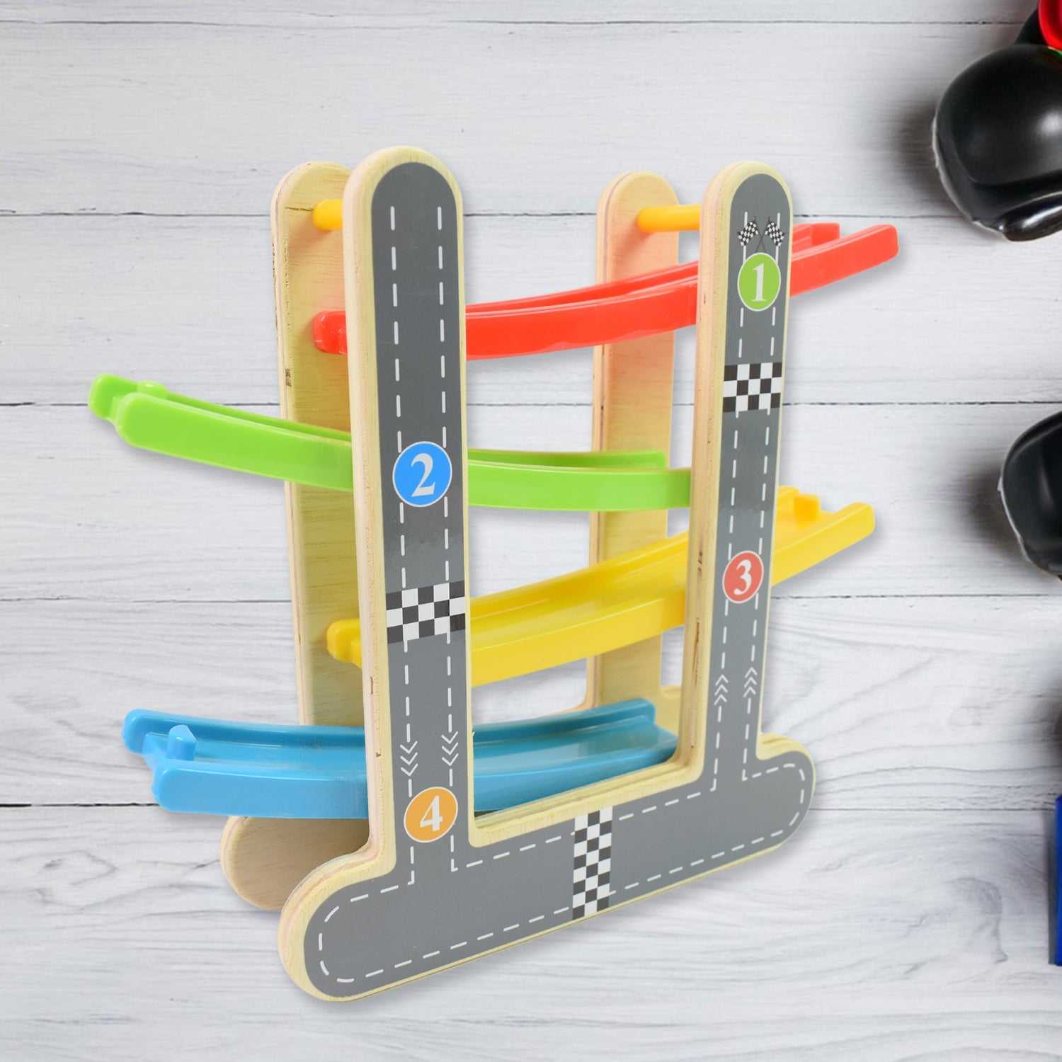 Wooden Race Track 4-Level Car Ramp Set for Toddlers | Action Legion - Detail View 6