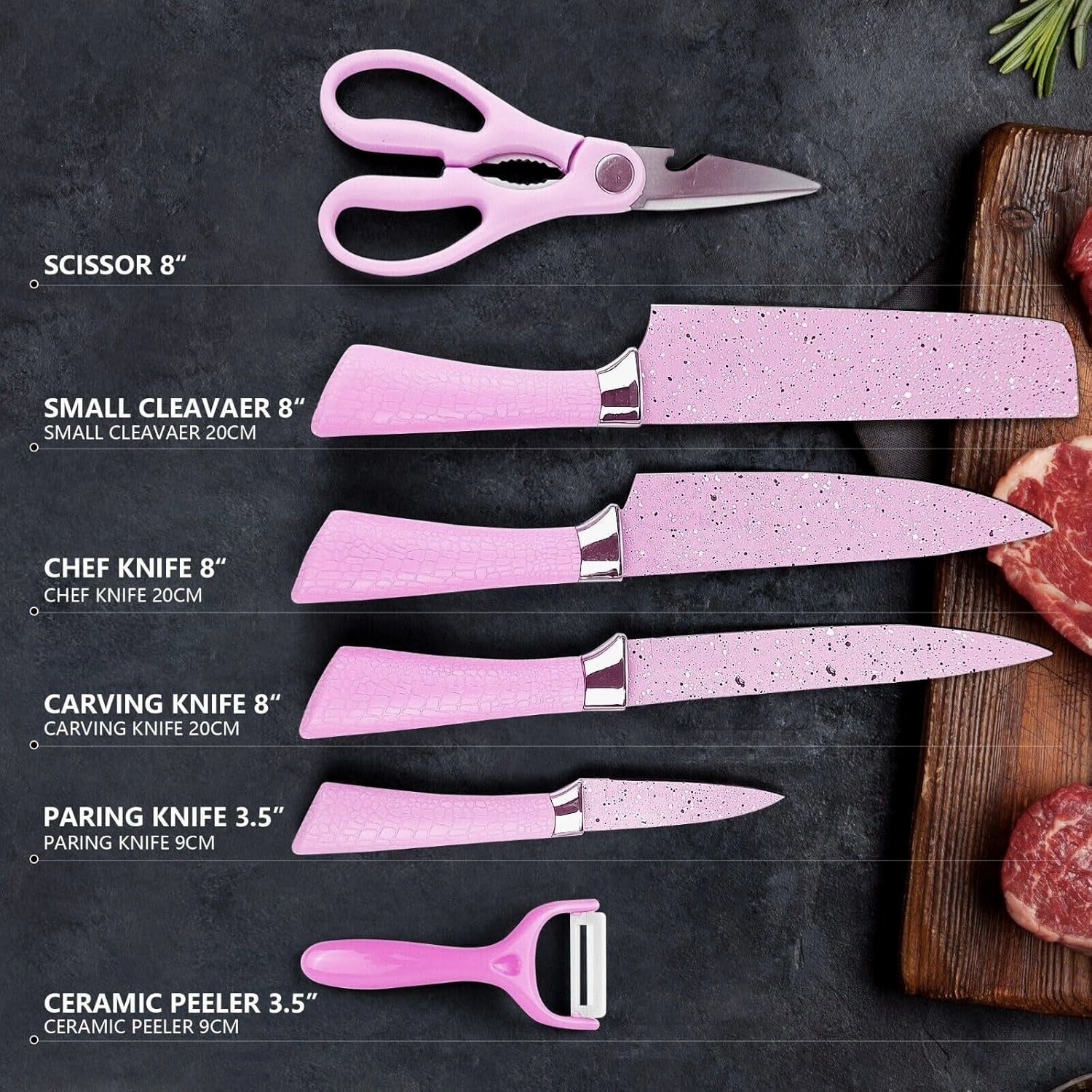 ALVENZA Chef Knife Set – 6 Pcs Stainless Steel Ceramic Coated | Quickslice