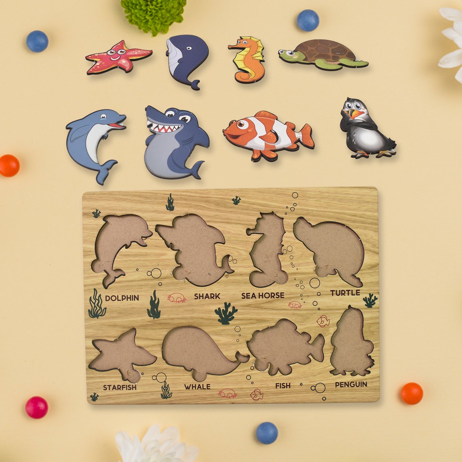 Wooden Sea Animal Puzzle Educational Toy for Kids | Inventive Play - Detail View 6
