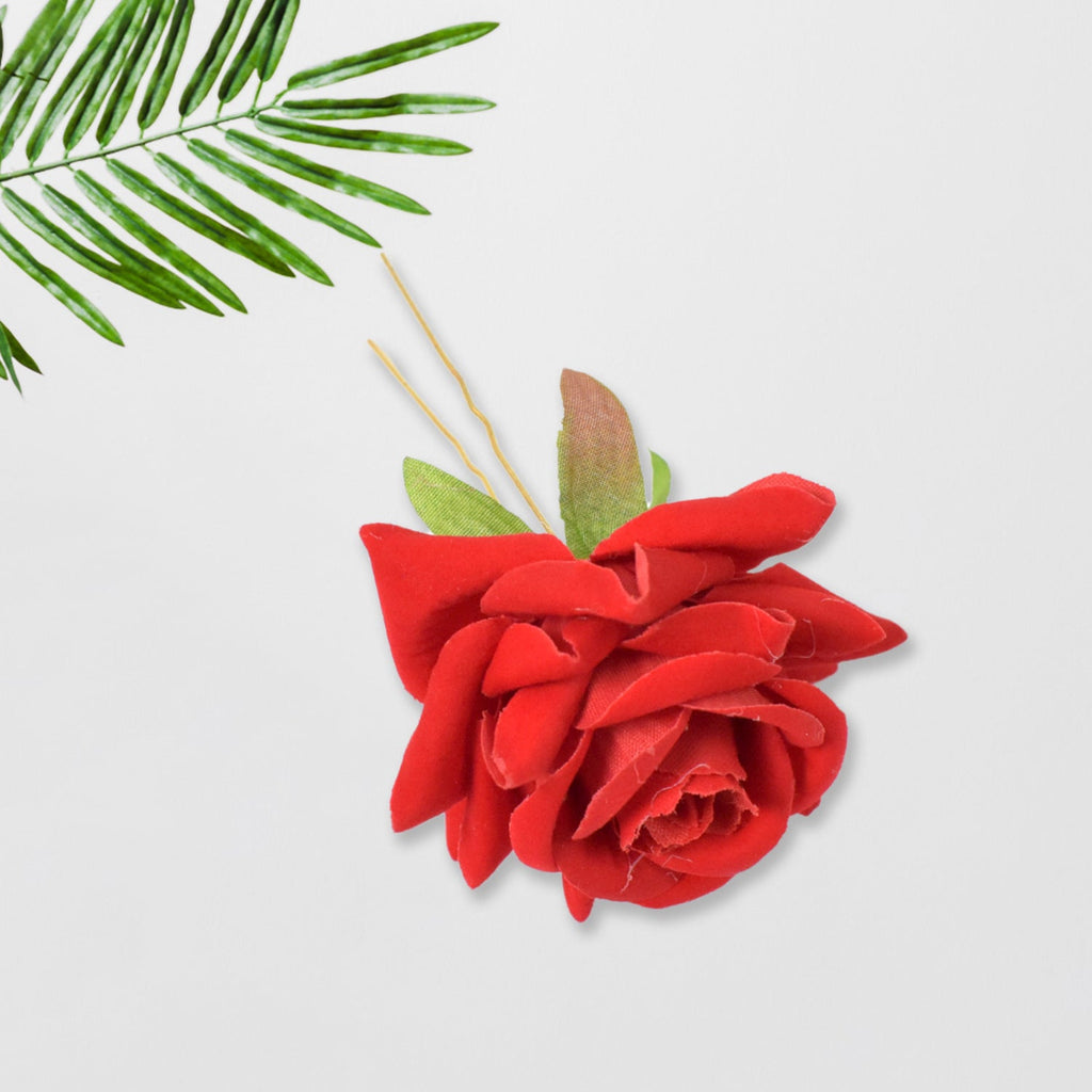Red Rose Hair Clip 12 Pc Bridal Flower Pins for Women | Calm & Curl - Detail View 5