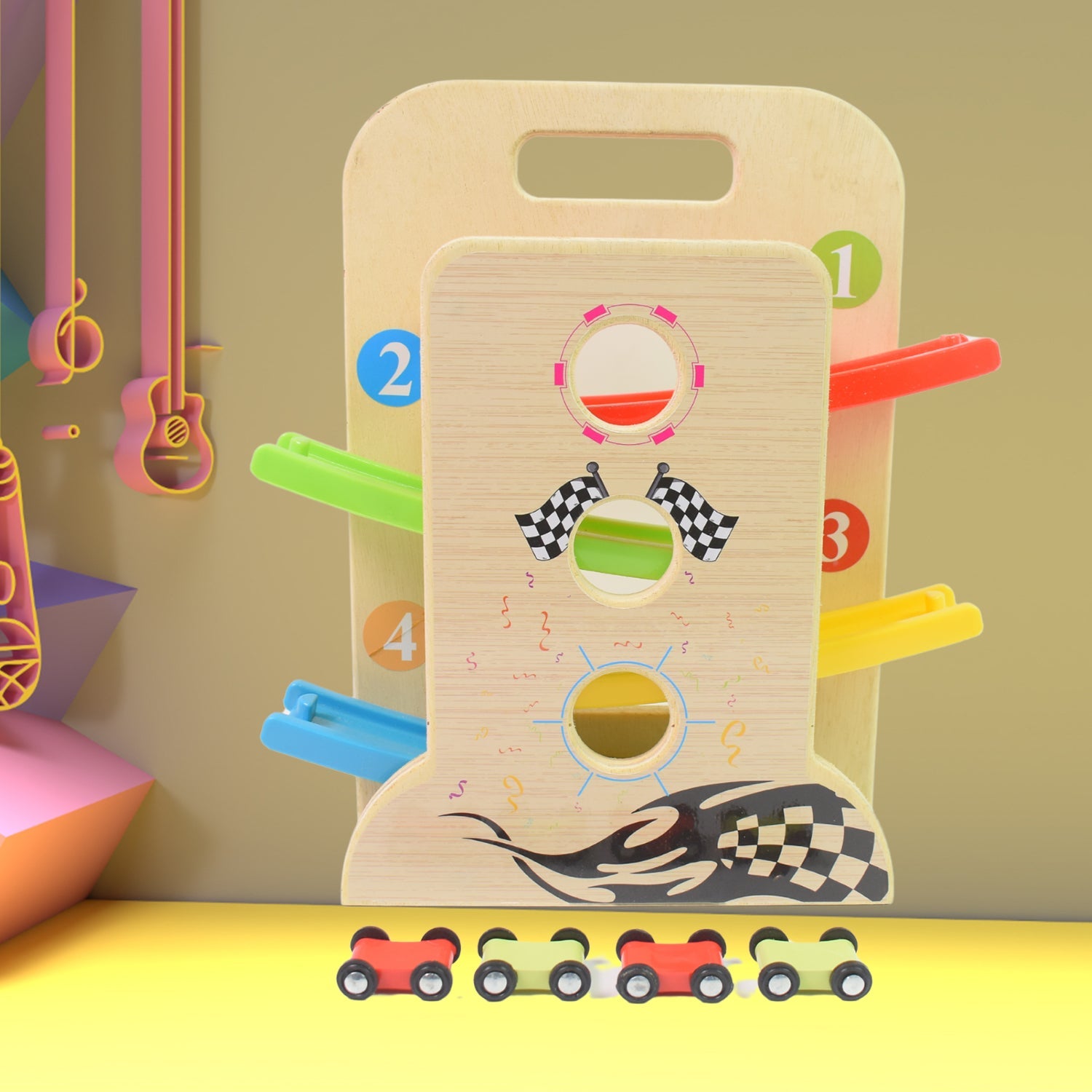 ALVENZA Wooden Ramp Racer – 4 Cars & Handle for Kids | Action Legion