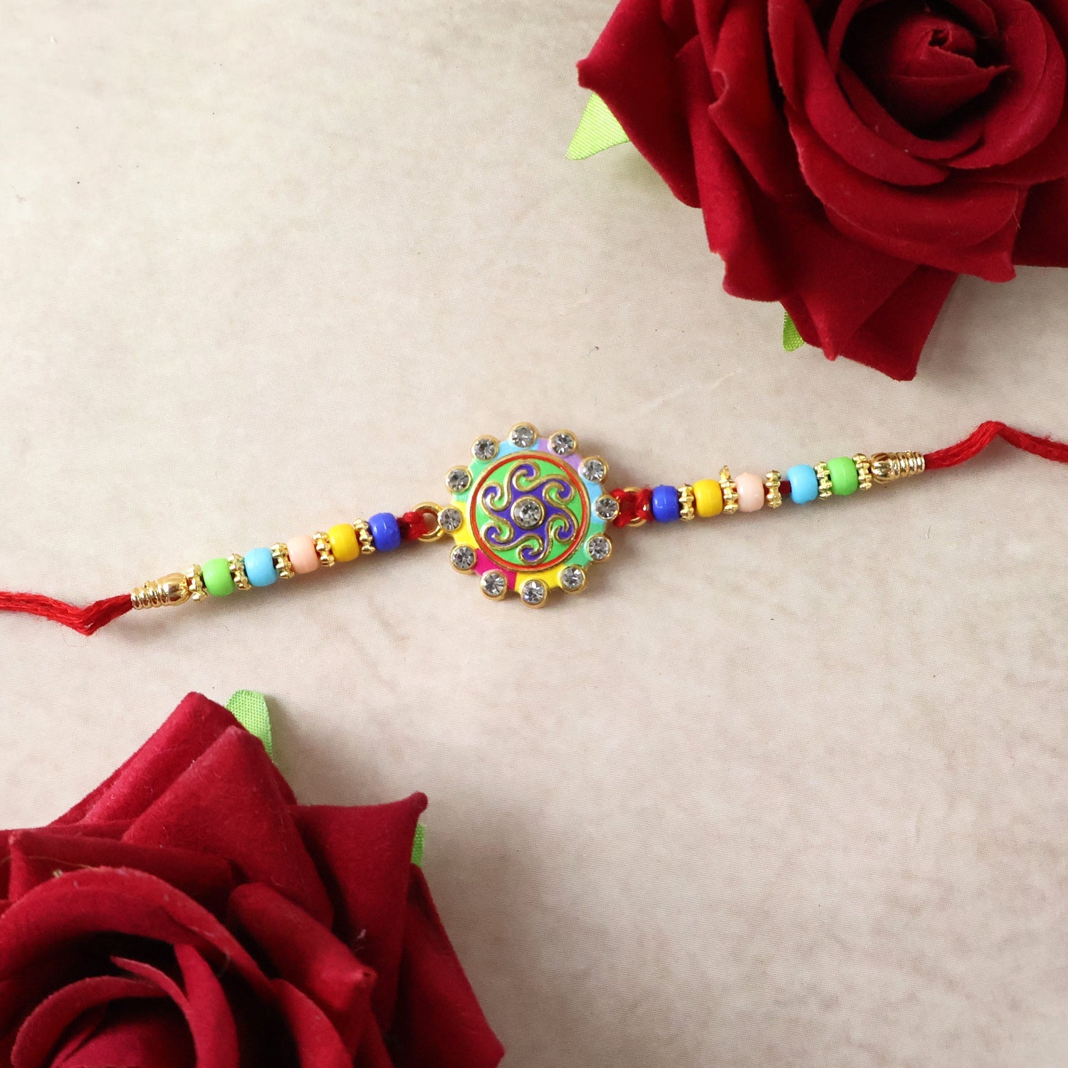 ALVENZA Rakhi – Elegant multicolor beads & stone centerpiece for Rakshabandhan