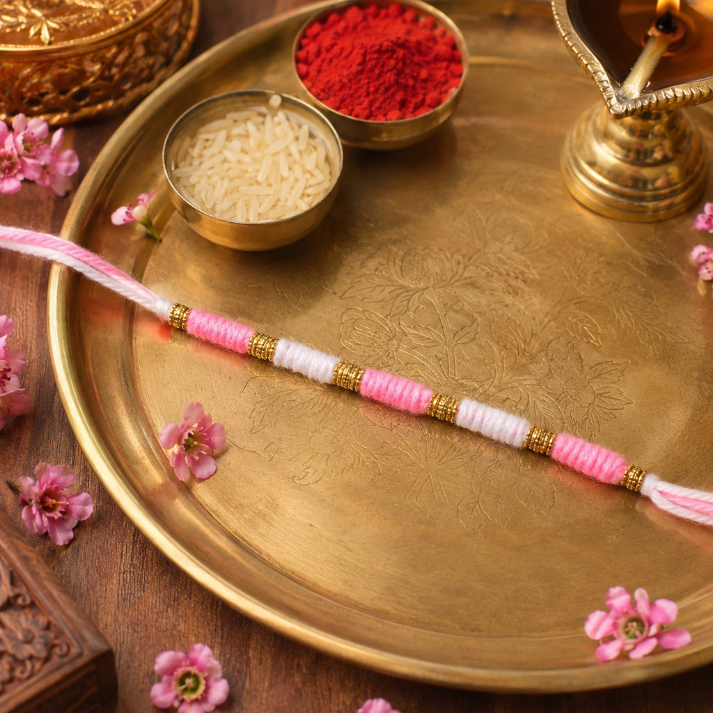 Pink & White Thread Rakhi Elegant Traditional Beaded Design - Detail View 5