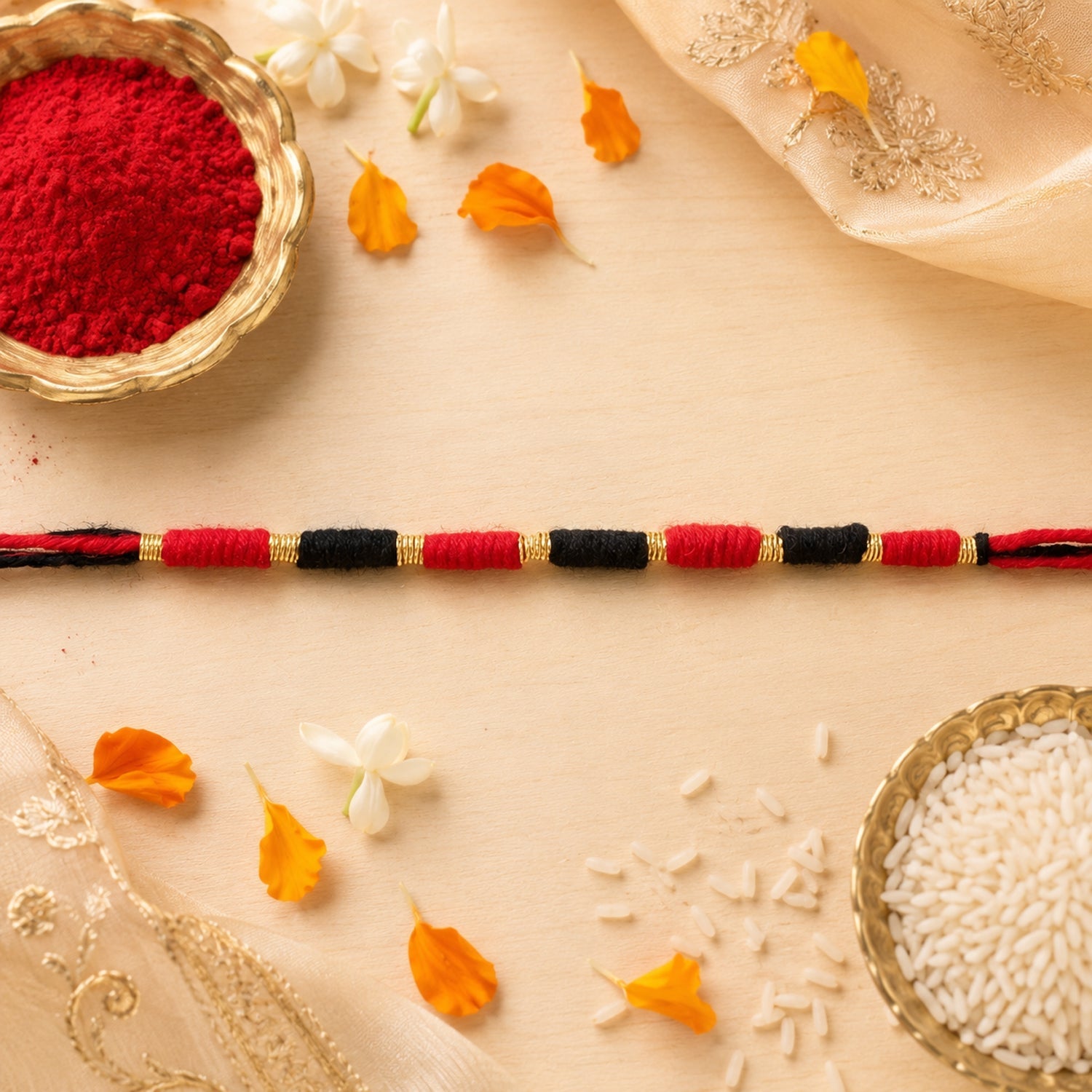 Handmade Rakhi Traditional Beaded Thread with Golden Accents - Detail View 7