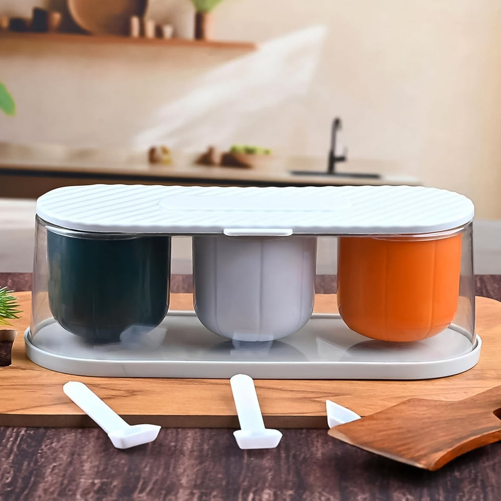 Spice Box 3-Grid Masala Storage with Spoons | Tidy Table - Front View