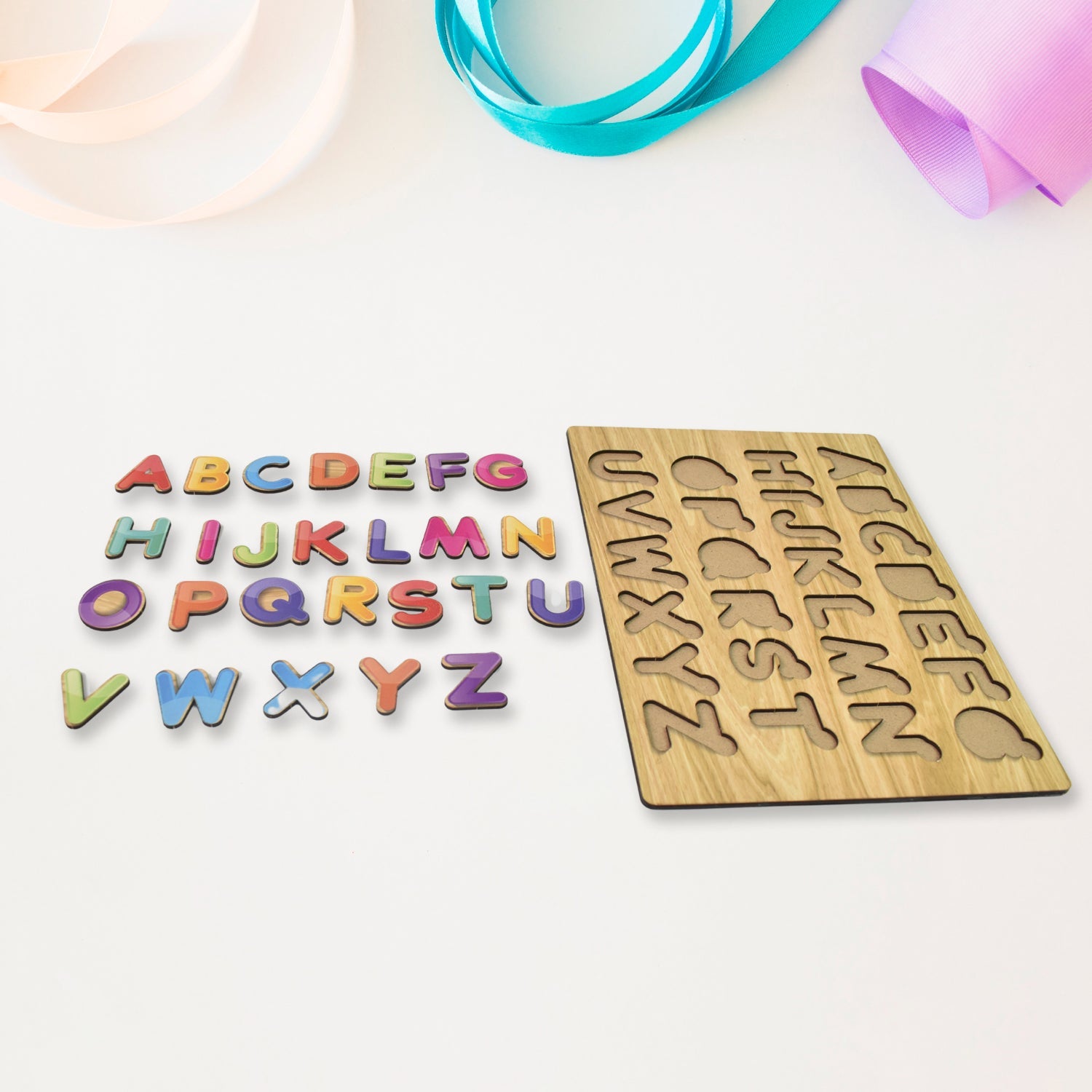 Wooden ABC Puzzle Shapes Learning Board for Toddlers | Little Learners - Front View