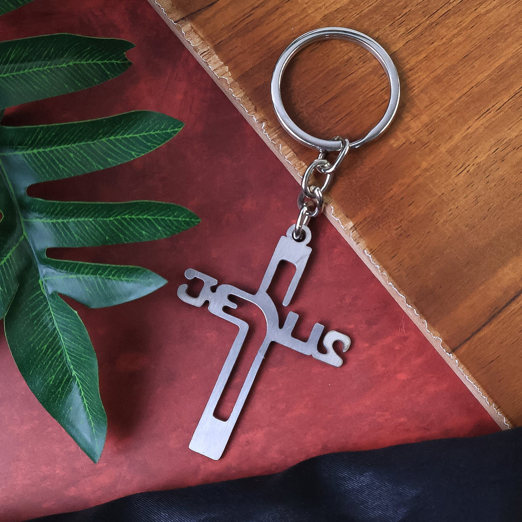 ALVENZA Metal Cross Keychain – Gujarati Jesus Script for Spiritual Style