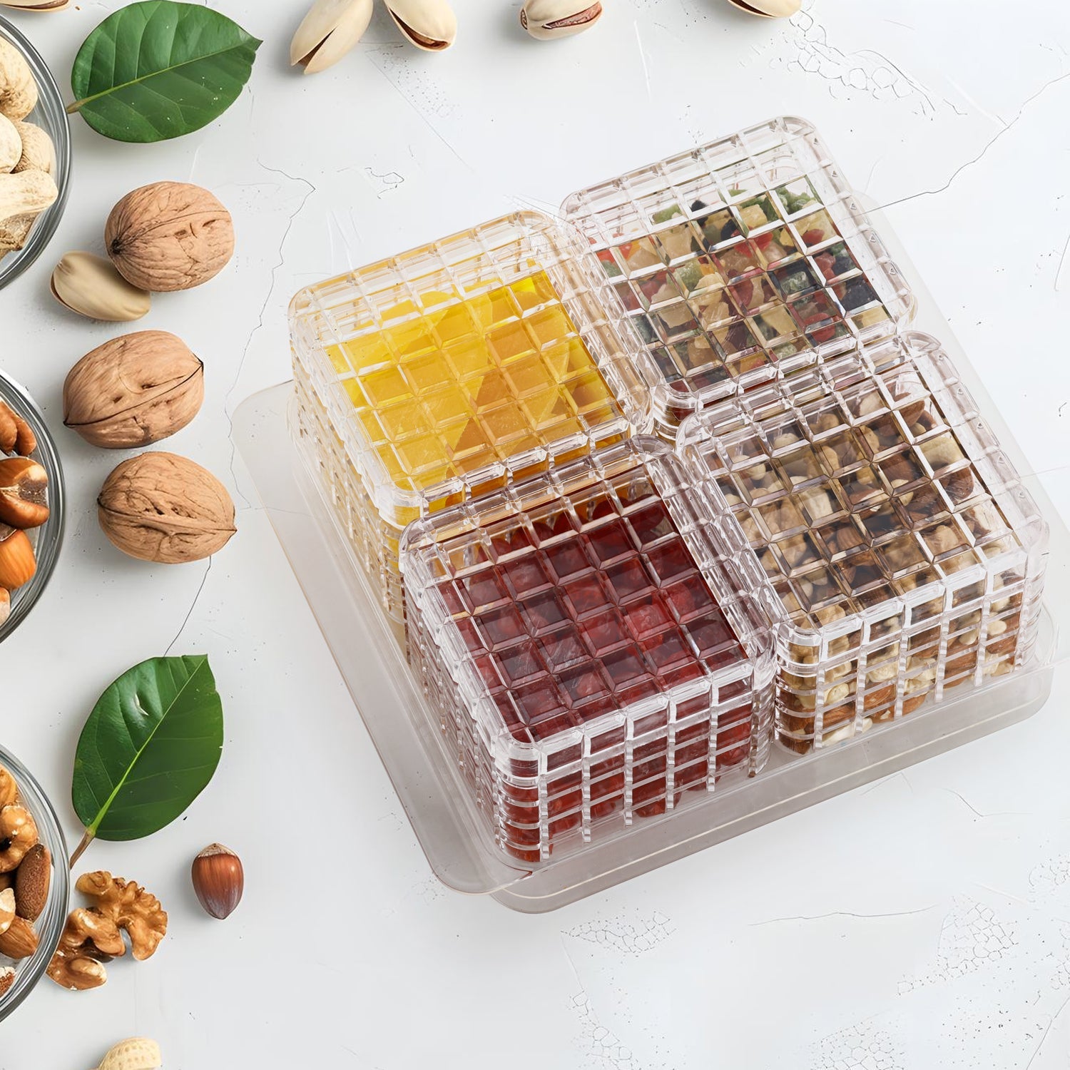ALVENZA Dry Fruit Container Set – Acrylic 4-Piece Gift Tray | Ganesh