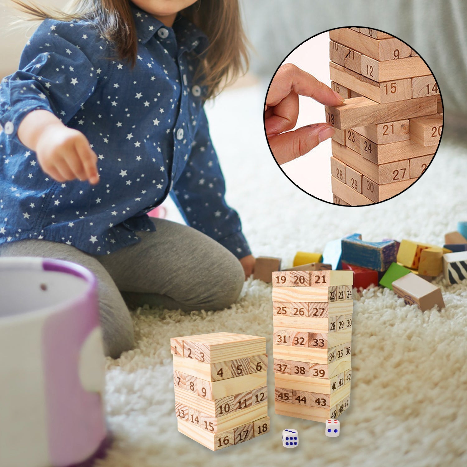 Wooden Tumbling Tower Game 48pc Family Stacking Blocks | Puzzle Vista - Detail View 6