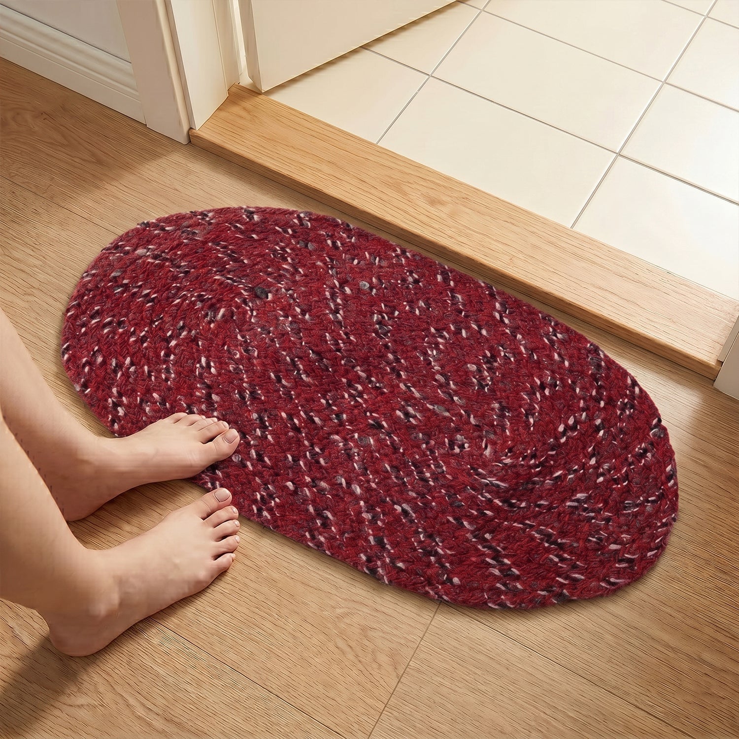 Red Oval Non-Slip Floor Mat Durable & Soft for Indoor Use - Back View