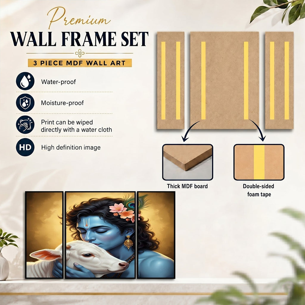 Krishna N Cow Wall Art Vibrant 3 Panel MDF Design for Home - Detail View 5