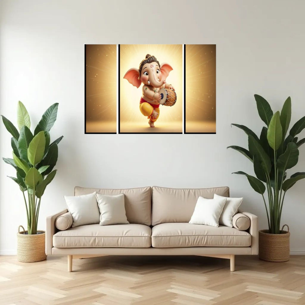 Ganesha Religious Wall Art Vibrant 3 Panel MDF Frame - Back View