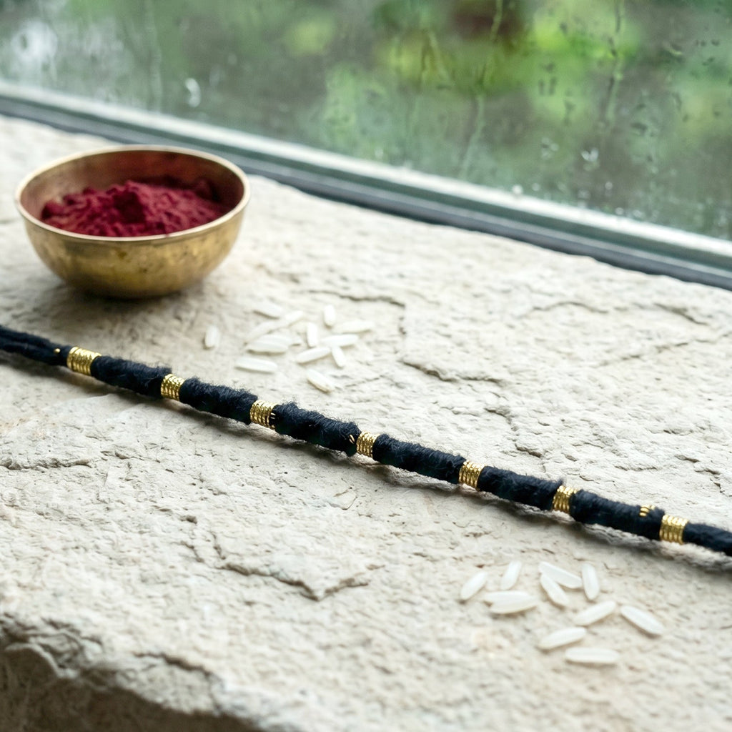 Rakhi Handmade Black Thread with Gold Beads for Raksha Bandhan - Detail View 7