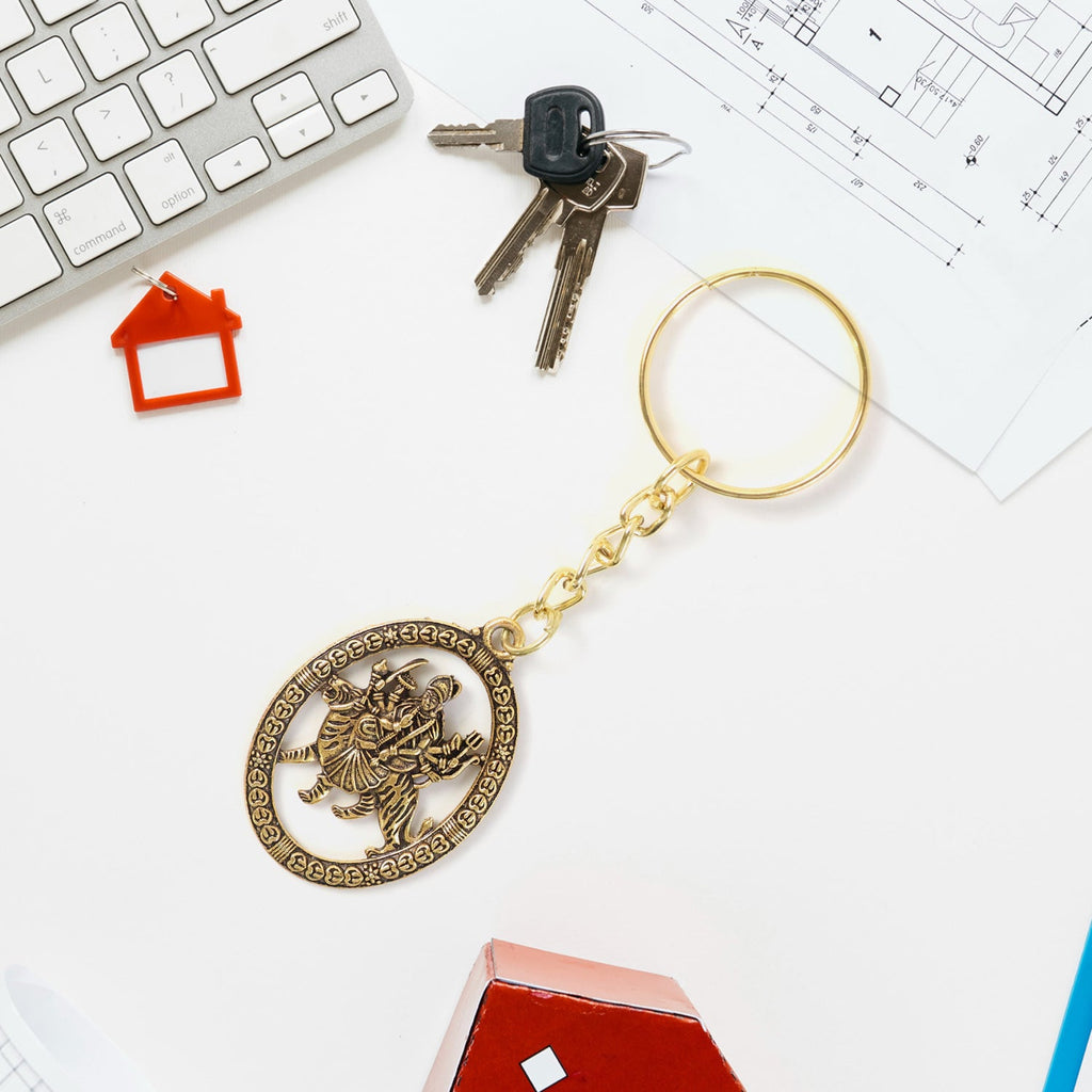 ALVENZA Durga Maa Keychain – Premium Golden Metal with Oval Frame