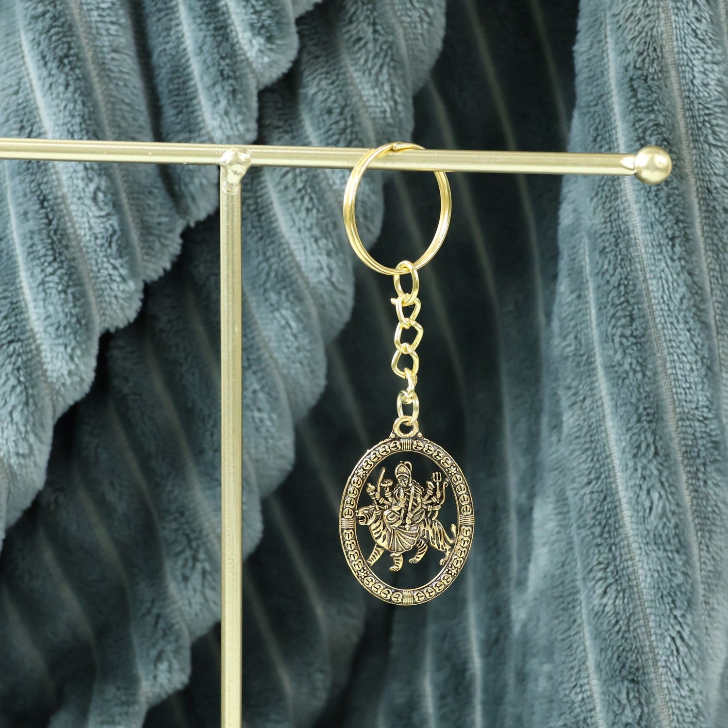 ALVENZA Maa Durga Golden Oval Frame Keychain – Spiritual Protection