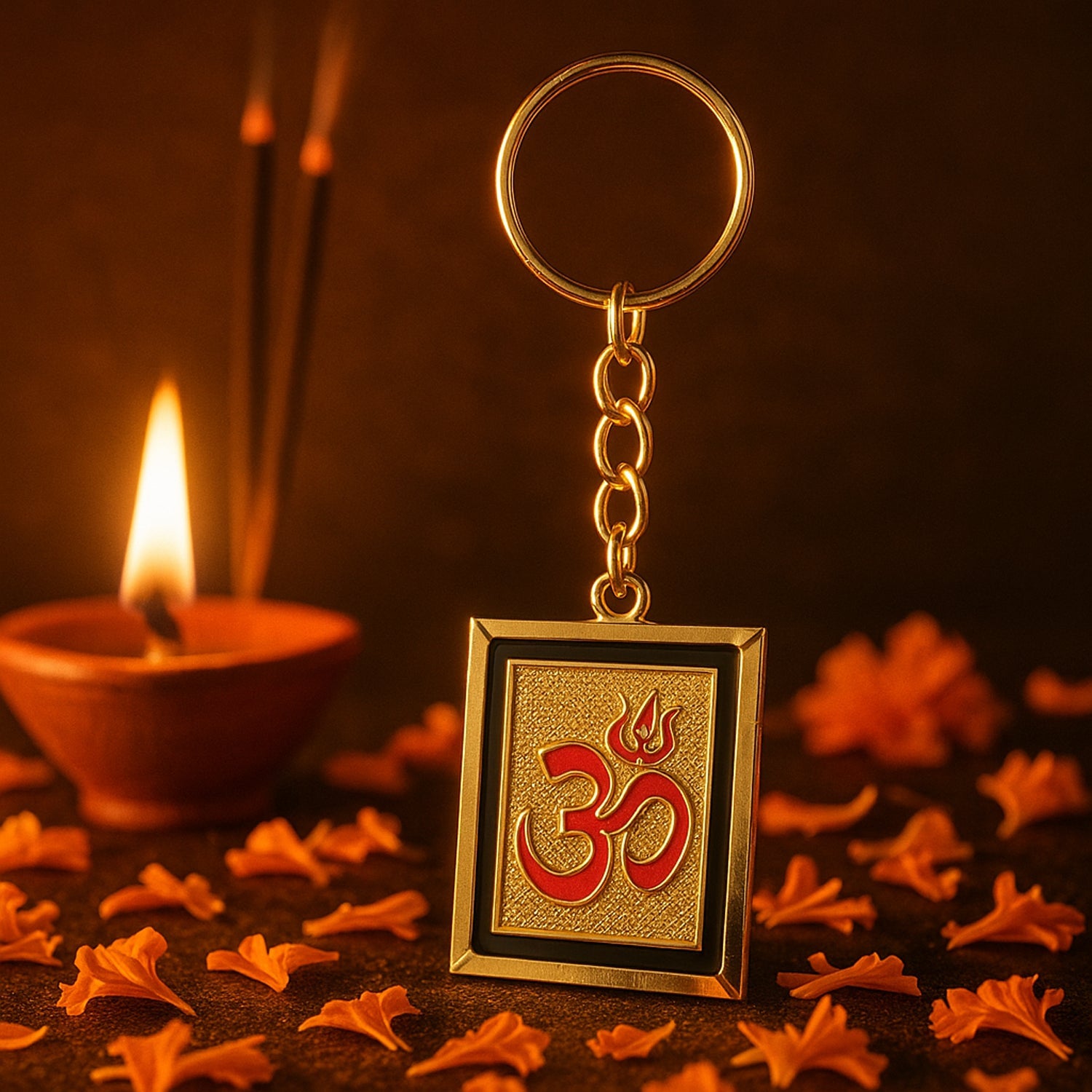 ALVENZA Om Trishul Keychain – Durable Golden Metal Accessory