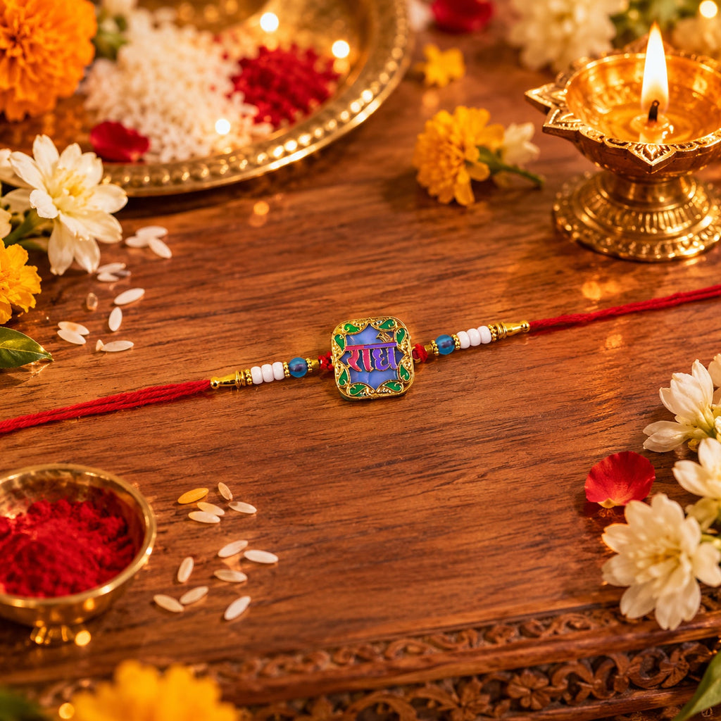 ALVENZA Rakhi for Raksha Bandhan – Colorful Beads & Radhe Engraving for Sibling Festival