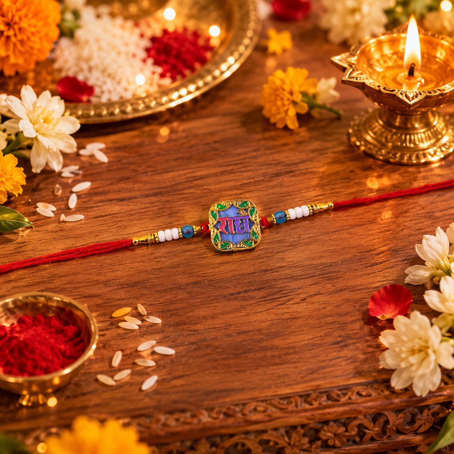 ALVENZA Rakhi for Raksha Bandhan – Colorful Beads & Radhe Engraving for Sibling Festival