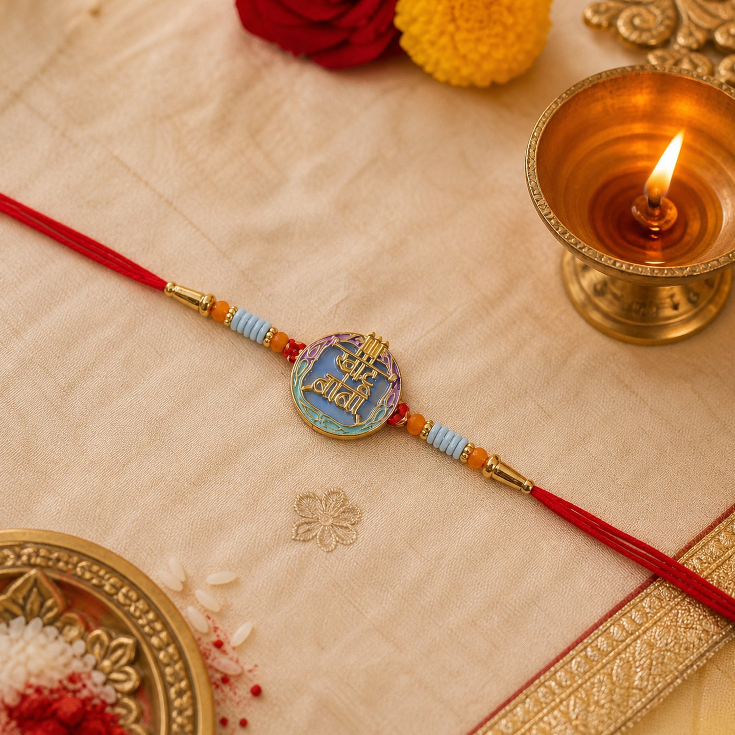 ALVENZA Colorful Rakhi with Beads & Religious Symbol – Traditional Festive Accessory