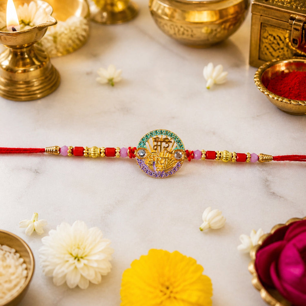 ALVENZA Designer Rakhi – Exquisite Stone Work & Vibrant Red Thread