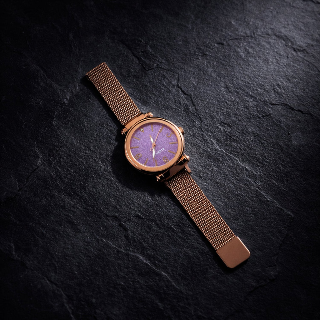 Rose Gold Mesh Strap Wrist Watch – Elegant Minimal Analog Dial