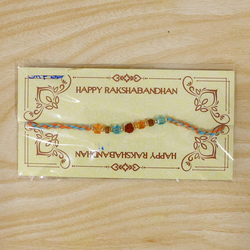 ALVENZA Blue Beaded Bracelet Rakhi with Golden Spacers and Colorful Festive Charm