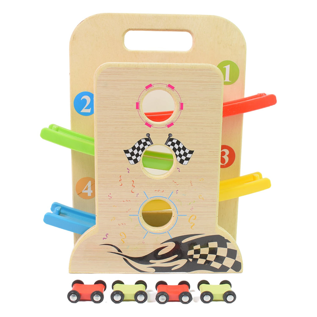 ALVENZA Wooden Ramp Racer – 4 Cars & Handle for Kids | Action Legion