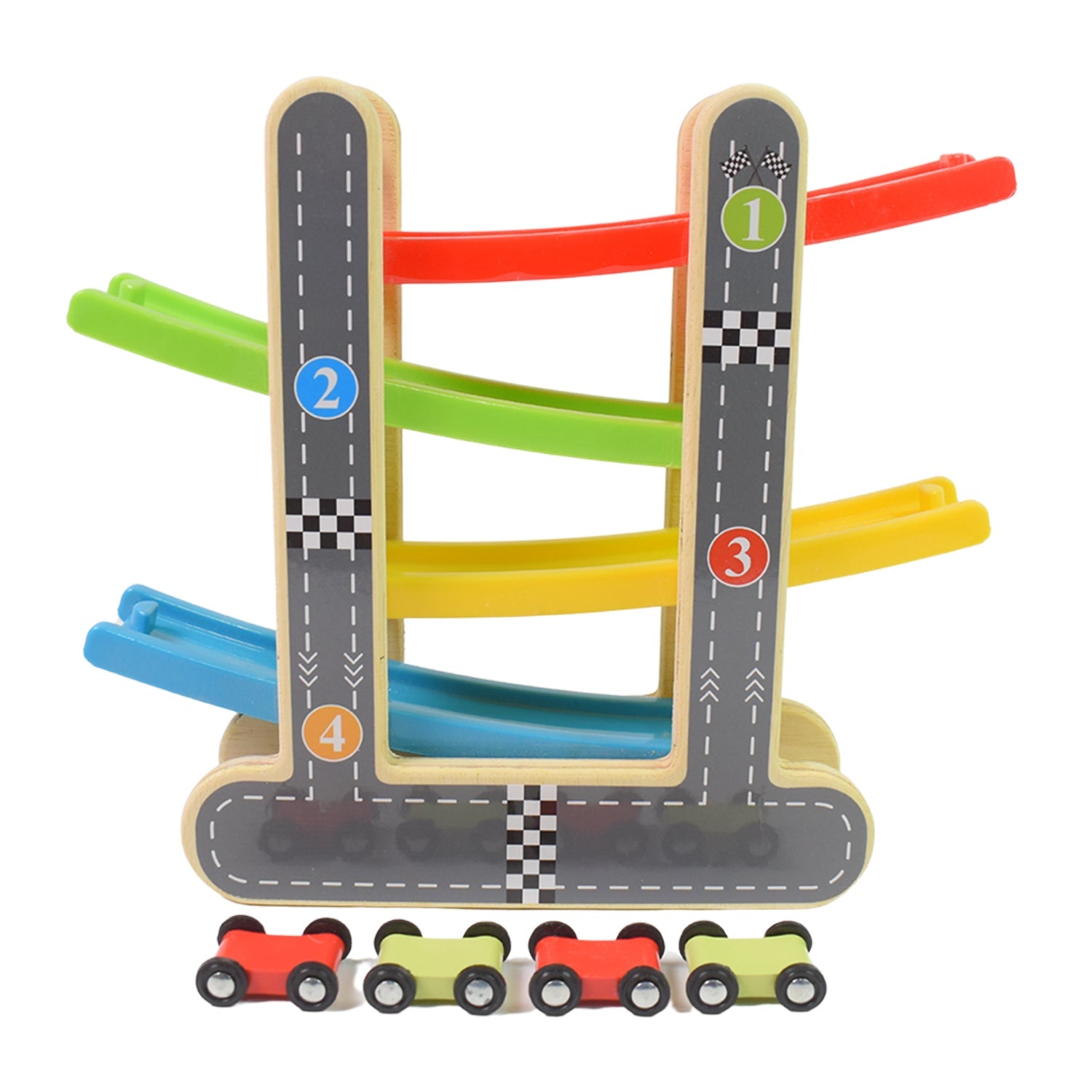 Wooden Race Track 4-Level Car Ramp Set for Toddlers | Action Legion - Detail View 5