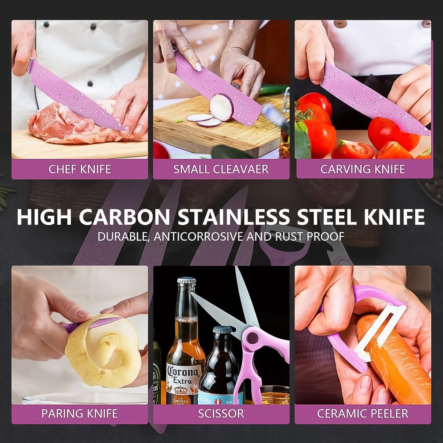 ALVENZA Chef Knife Set – 6 Pcs Stainless Steel Ceramic Coated | Quickslice