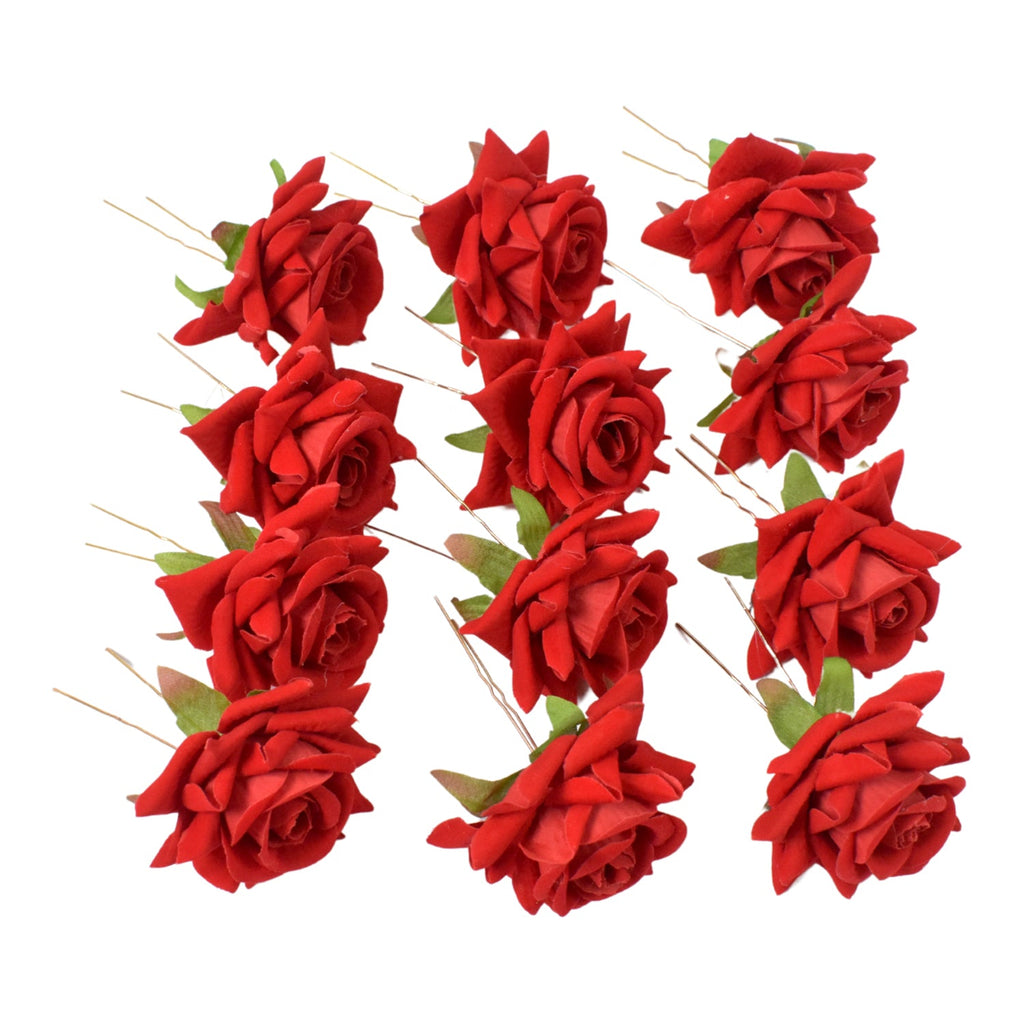 Red Rose Hair Clip 12 Pc Bridal Flower Pins for Women | Calm & Curl - Detail View 6