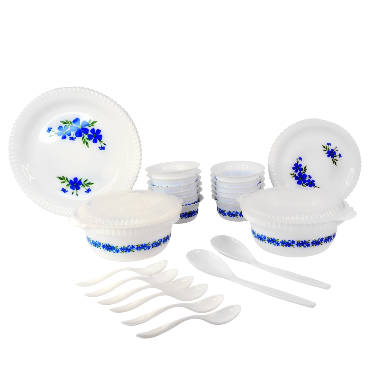 ALVENZA Plastic Dinner Set – Durable 36-Piece Blue Floral Design