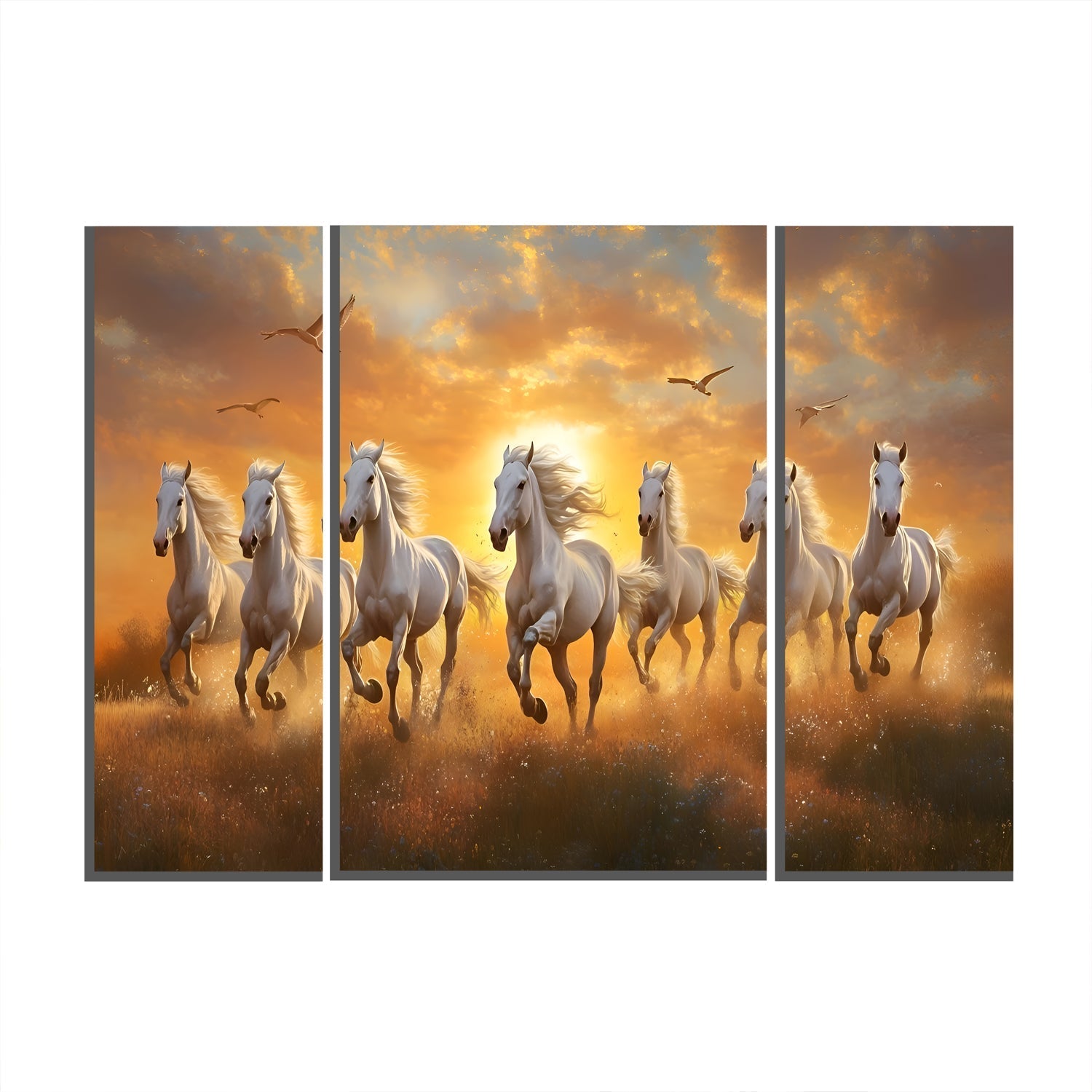 Horses Sunset Wall Art Vibrant 3-Panel MDF Canvas for Home Decor - Back View