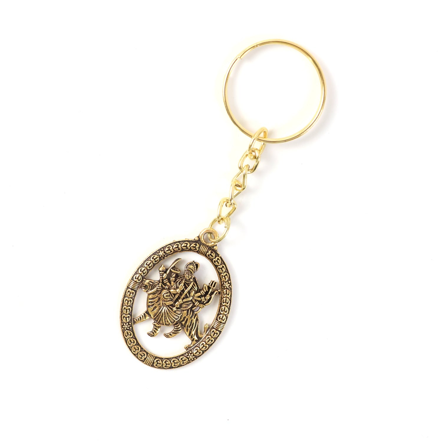 ALVENZA Durga Maa Keychain – Premium Golden Metal with Oval Frame