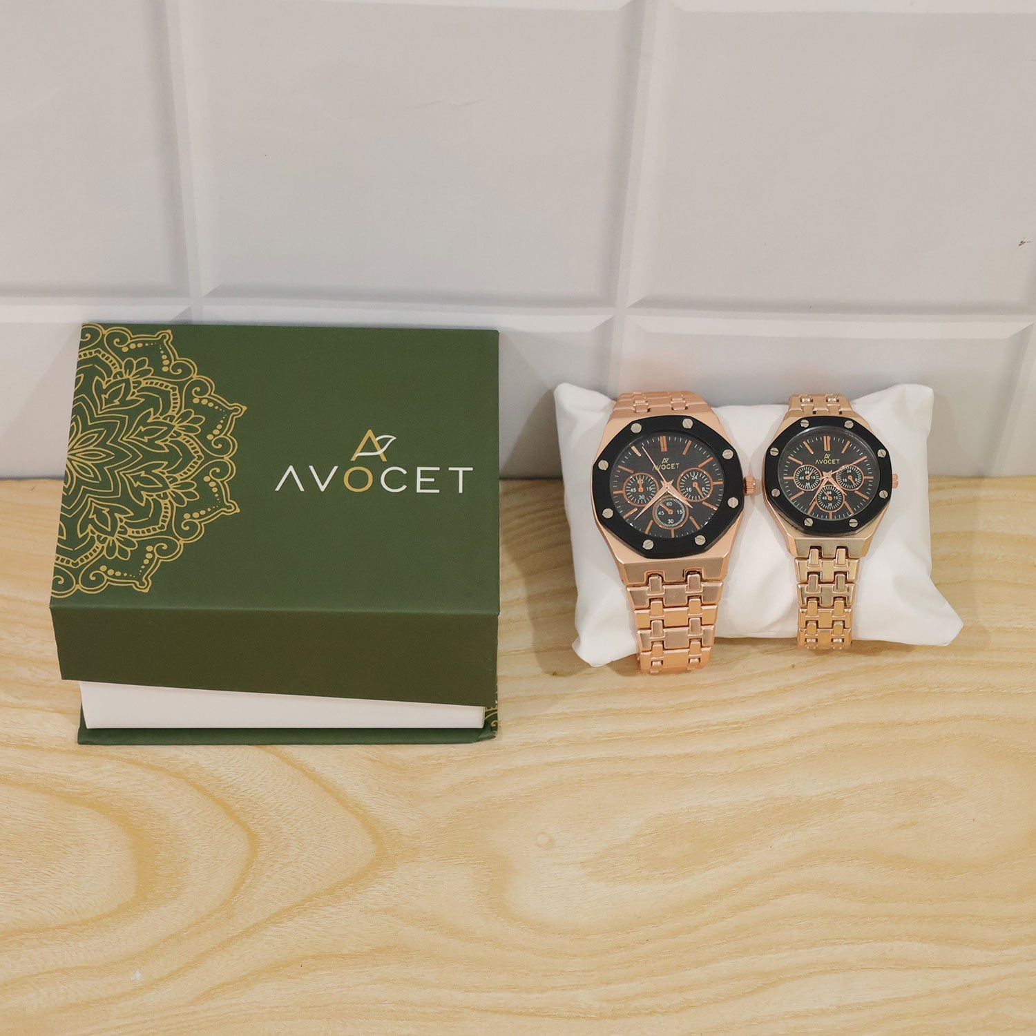 Rose Gold Couple Watch Set with Black Dial Chronograph Style Metal Strap