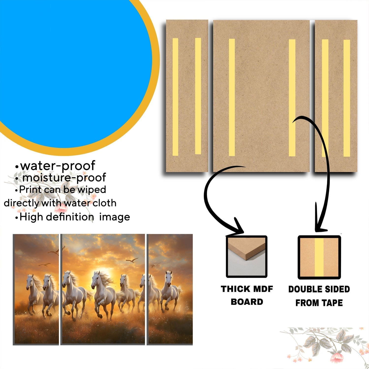 Horses Sunset Wall Art Vibrant 3-Panel MDF Canvas for Home Decor - Front View