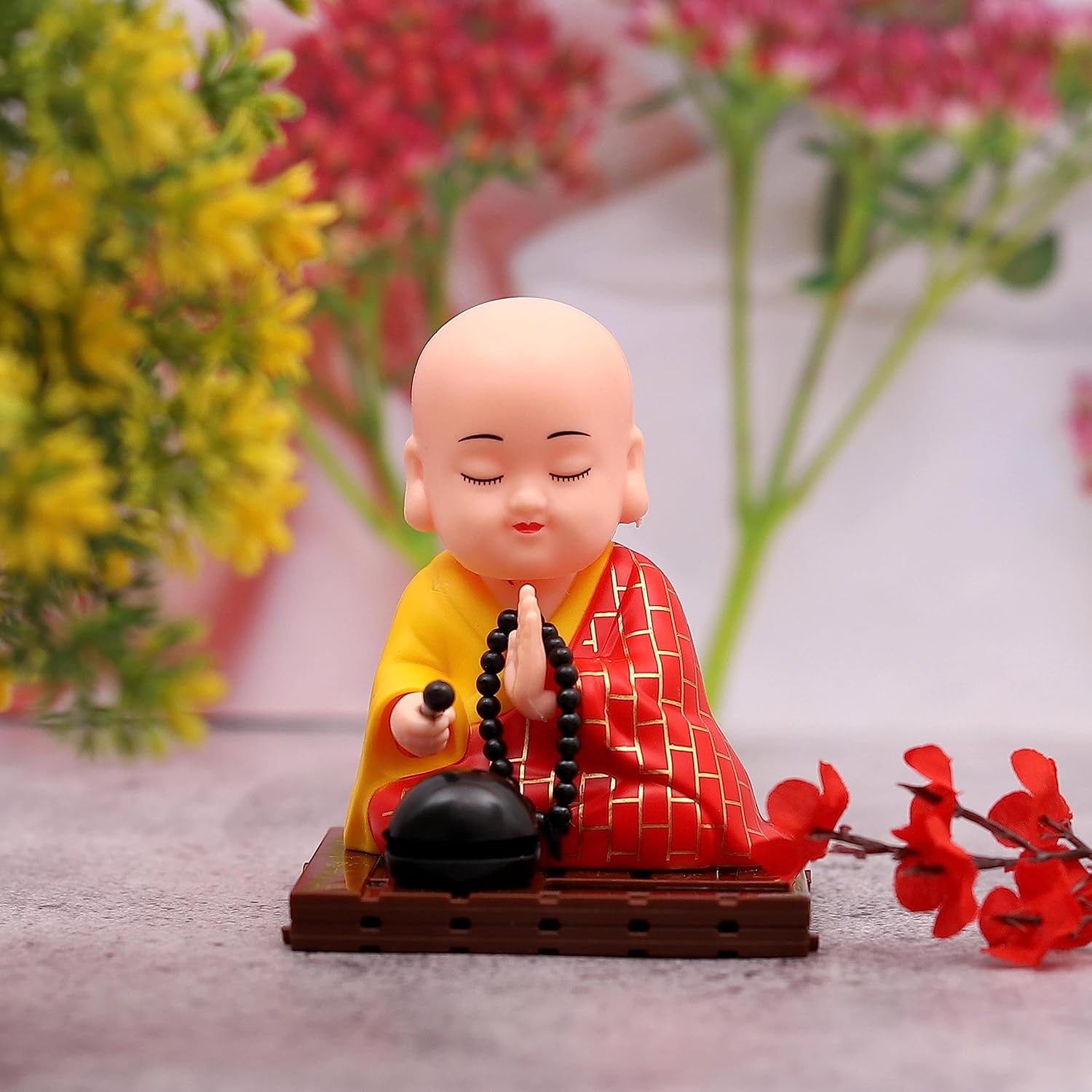 Solar Buddha Statue Moving Head & Hand Decor | XcelCraft - Front View