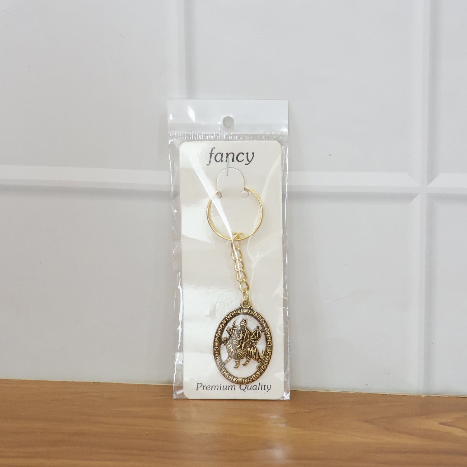 ALVENZA Durga Maa Keychain – Premium Golden Metal with Oval Frame