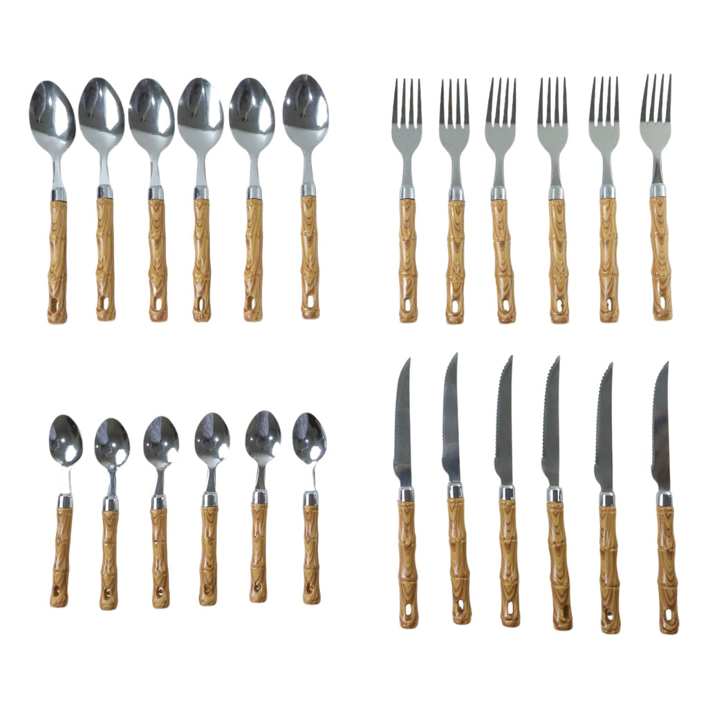 ALVENZA Stainless Steel Cutlery Set – Elegant Wooden Handle, 24 Pieces