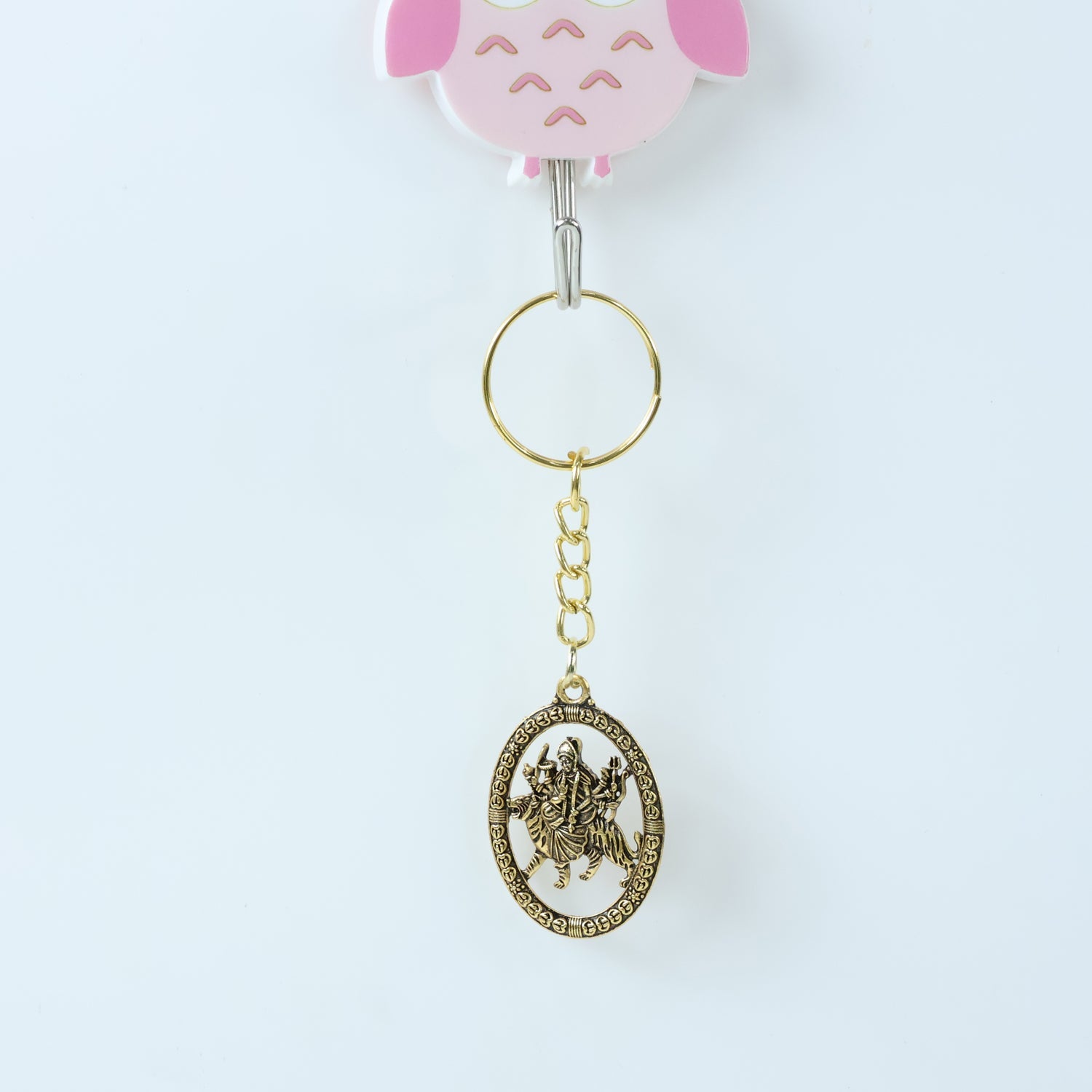 ALVENZA Maa Durga Golden Oval Frame Keychain – Spiritual Protection