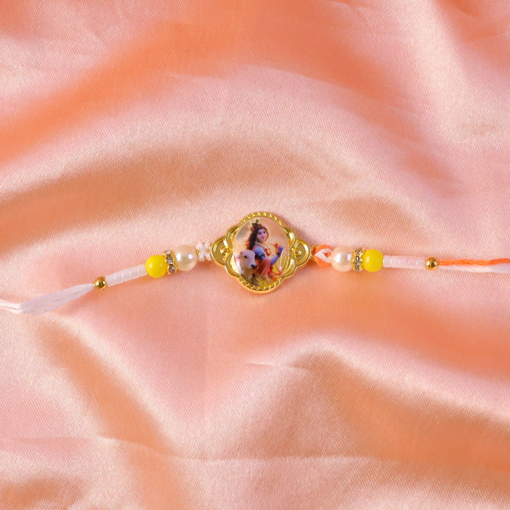 ALVENZA Lord Krishna Rakhi – Elegant Designer Thread with Beads and Photo