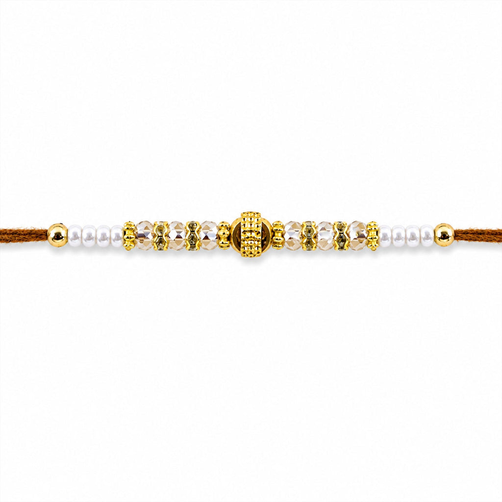 ALVENZA Minimal Pearl Golden Bracelet Rakhi with Sleek Beads and Elegant Red Thread