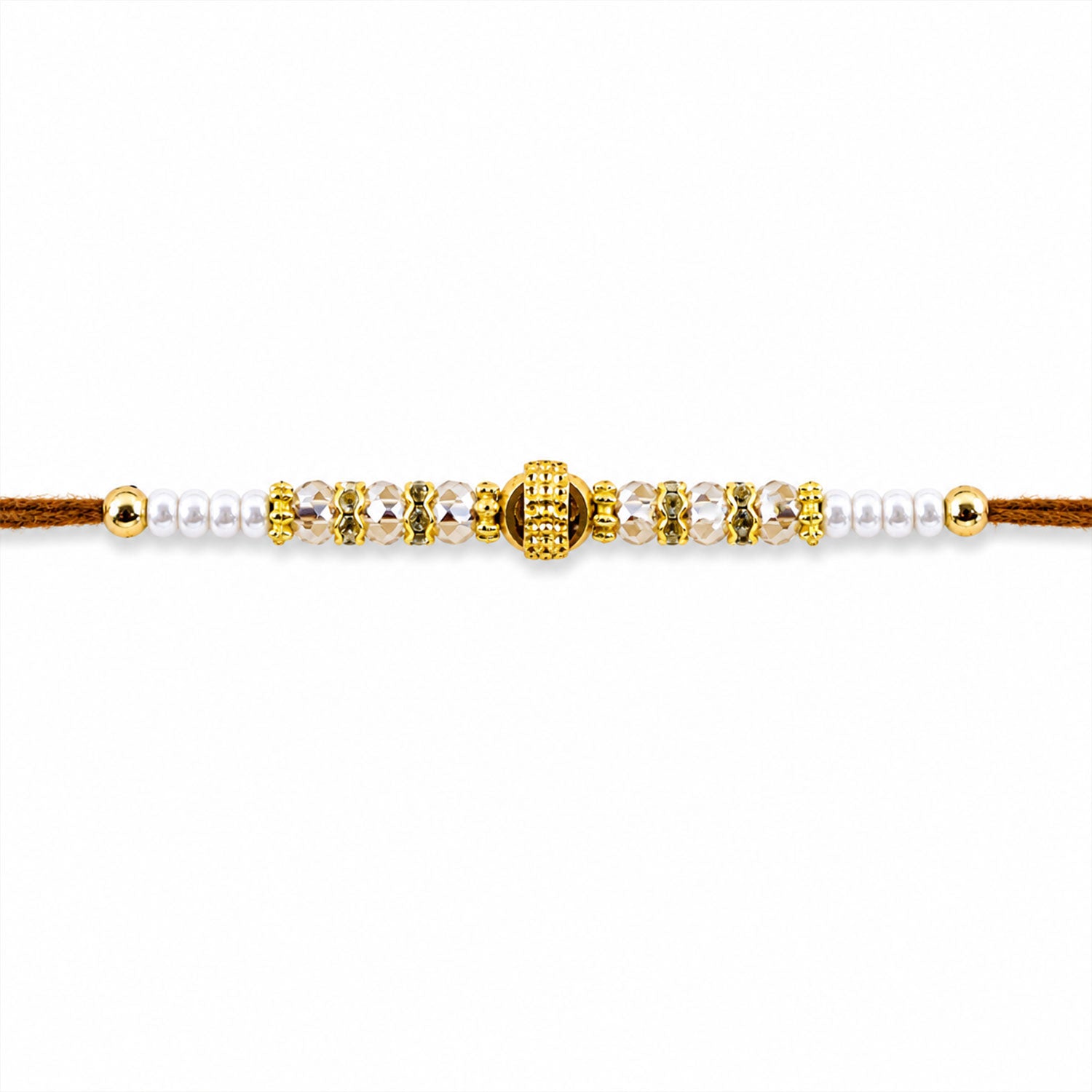 ALVENZA Minimal Pearl Golden Bracelet Rakhi with Sleek Beads and Elegant Red Thread