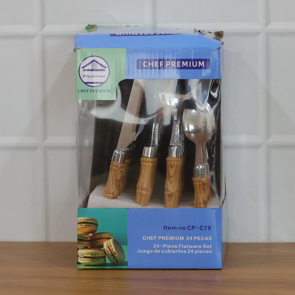 ALVENZA Stainless Steel Cutlery Set – Elegant Wooden Handle, 24 Pieces