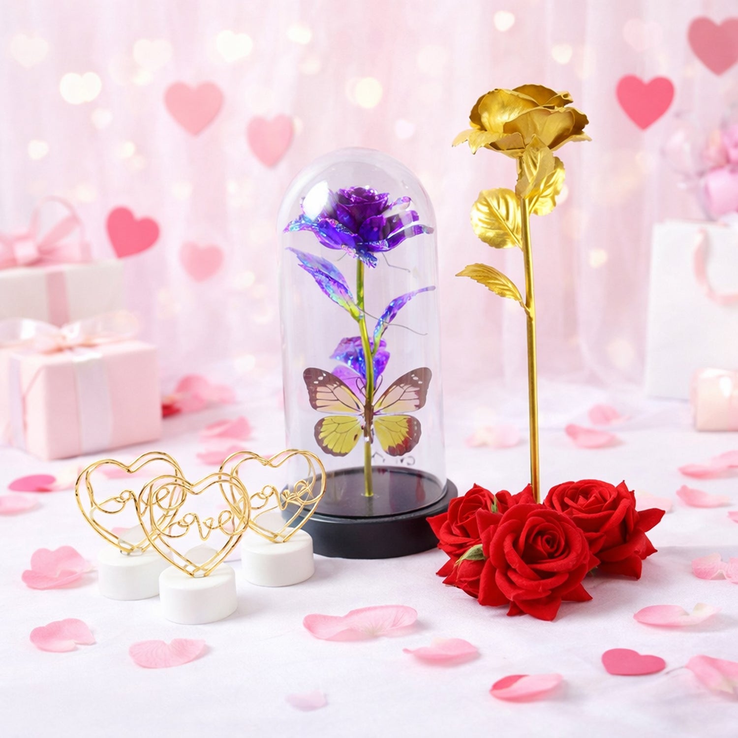 ALVENZA Glass Dome Rose Romantic Gift Set – Elegant LED Décor