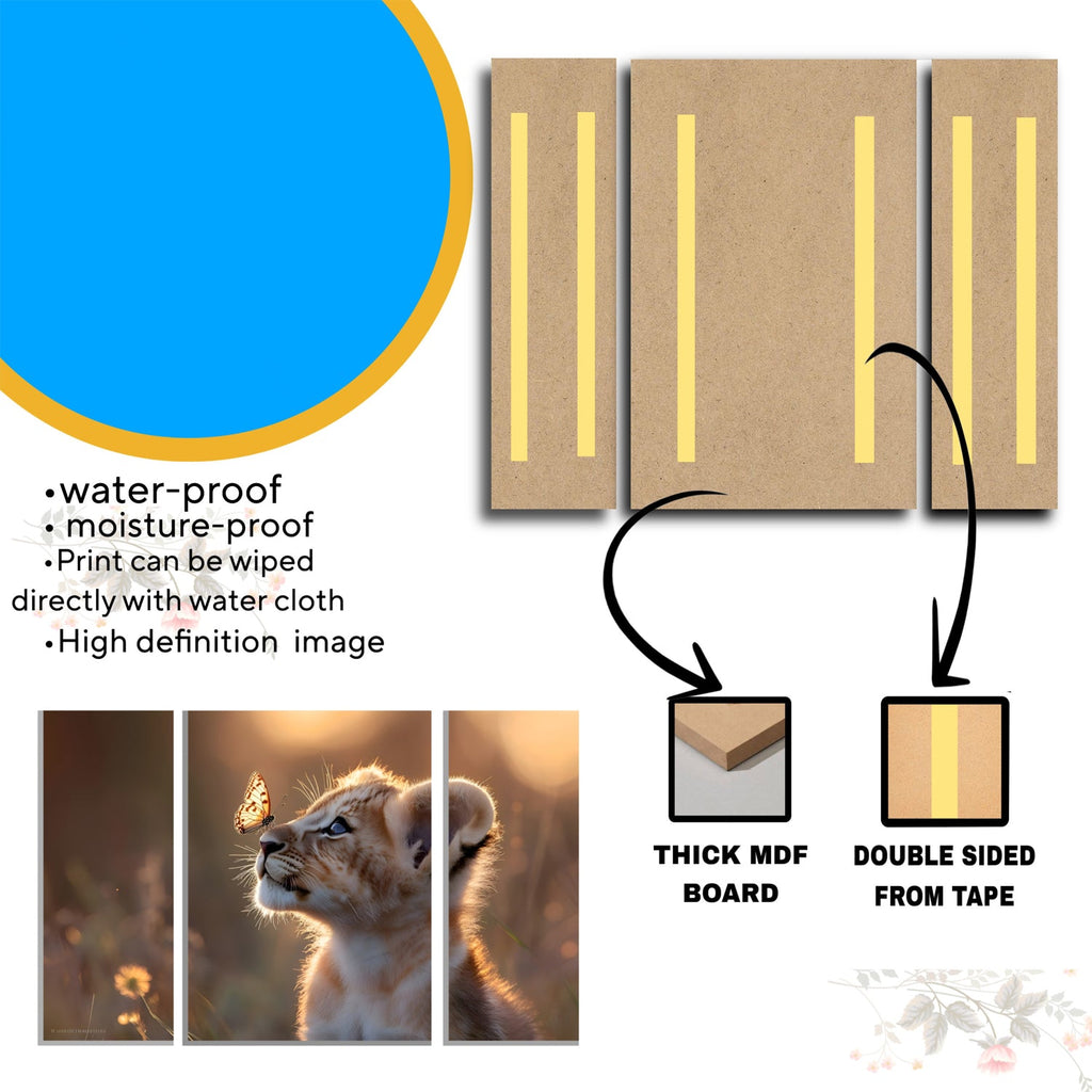 Lion Cub Wall Art Vibrant 3-Panel MDF Wall Decor - Front View