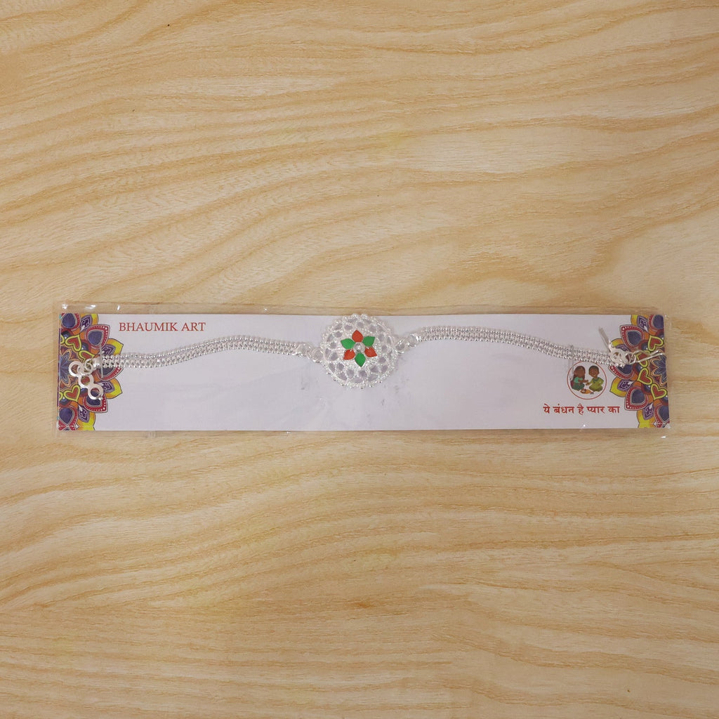 ALVENZA Silver Floral Rakhi - Traditional Design with Beads & Soft Thread