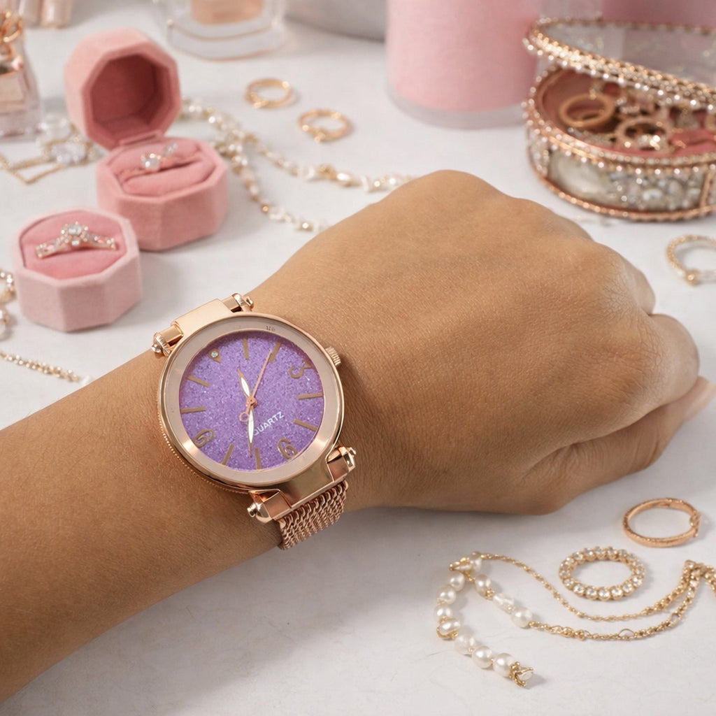 Rose Gold Mesh Strap Wrist Watch – Elegant Minimal Analog Dial